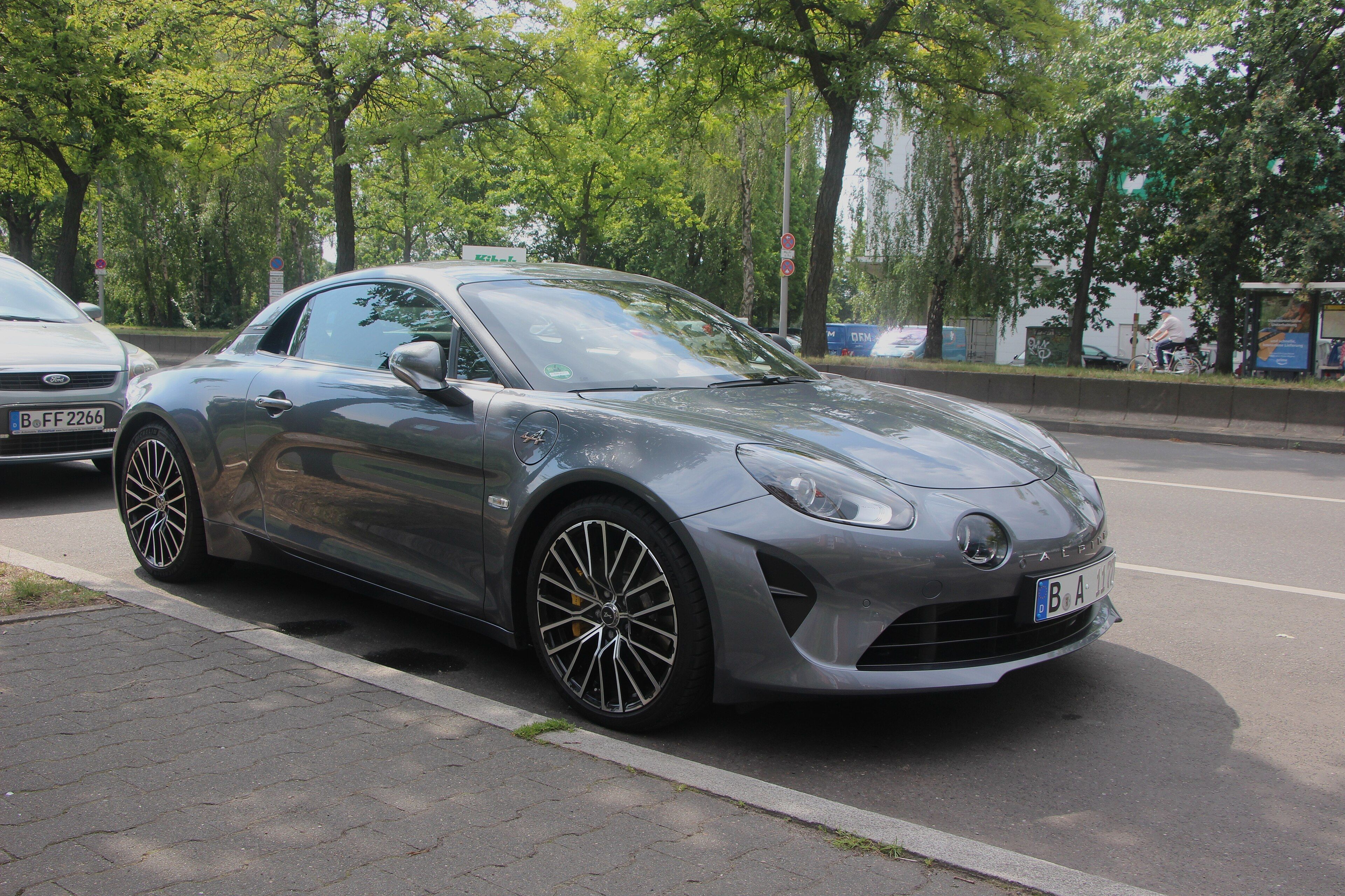 Grey 2024 Alpine A110 GT, front three-quarter view