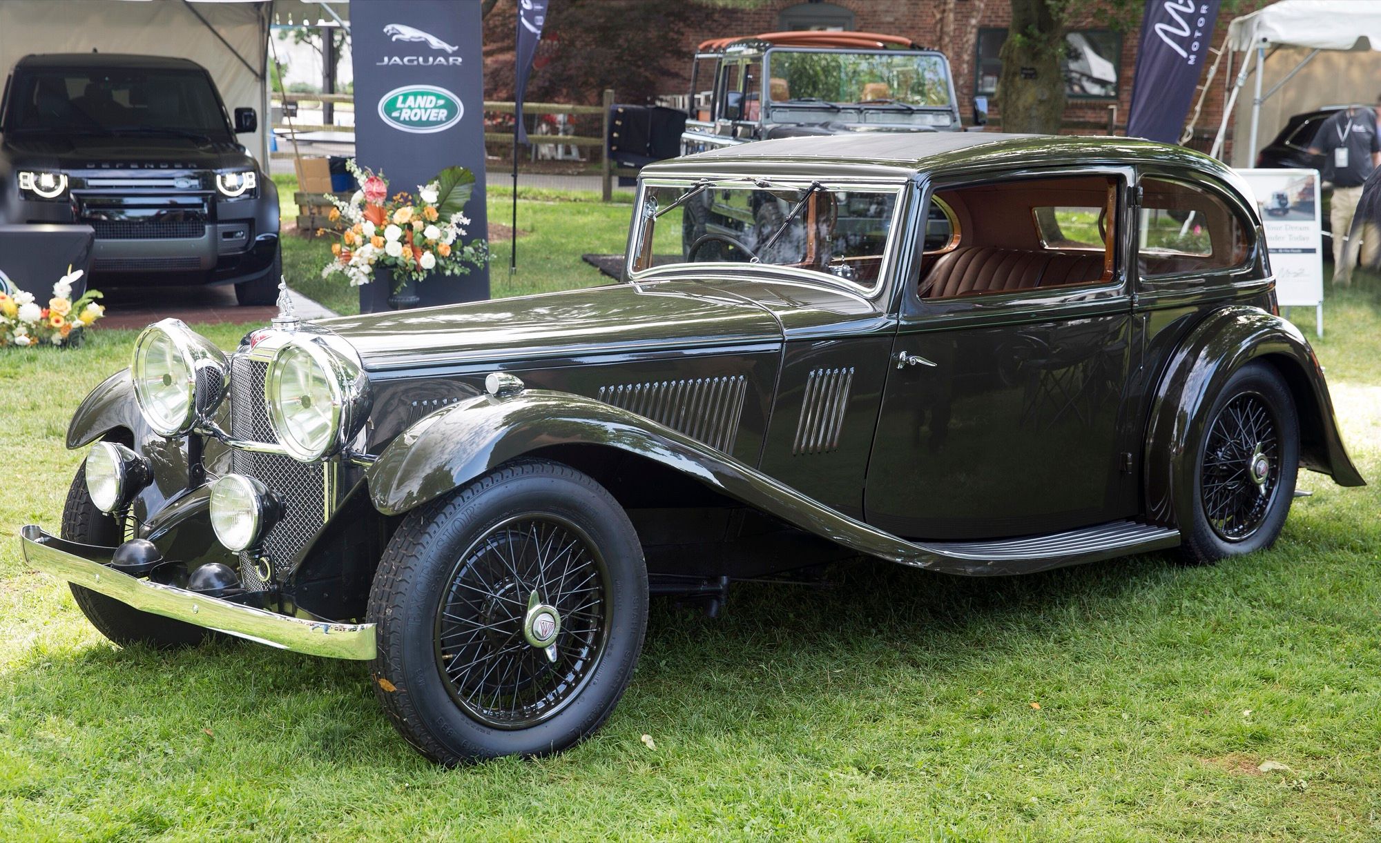 Dark green 1934 Alvis Speed 20 SB Vanden Plas flat-back saloon, front-left view
