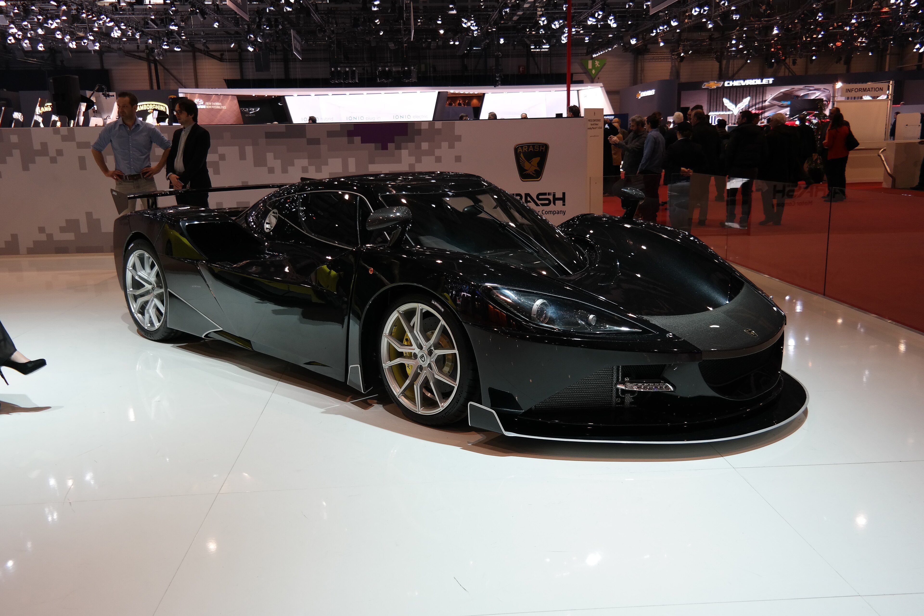 2016 Arash AF10 hybrid in black, front view at the Geneva Motor Show