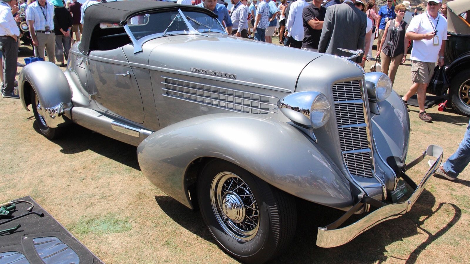 1935 Auburn 851 supercharged Speedster in silver, front three-quarter view