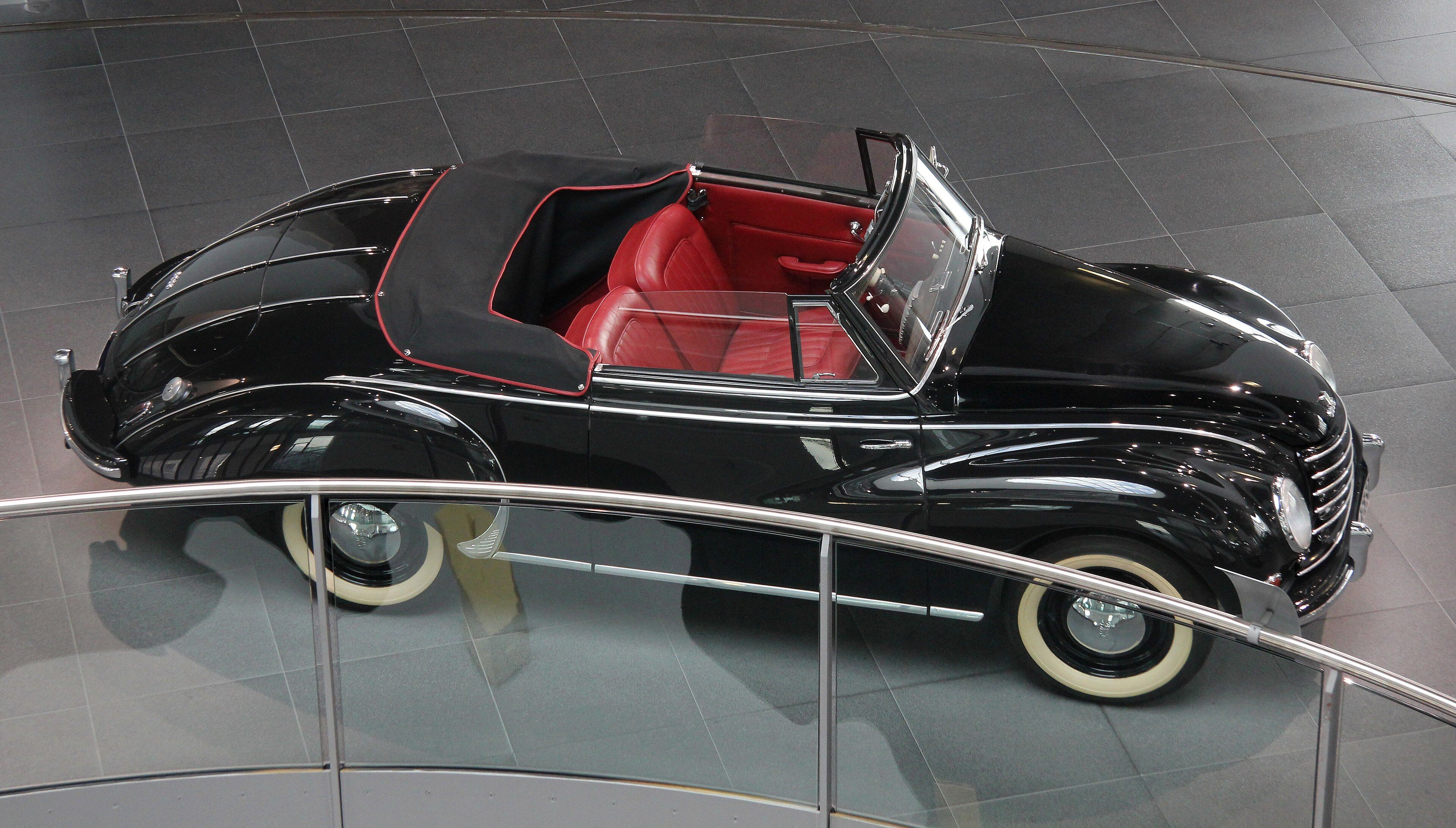 Black 1953 DKW F91 Sonderklasse cabriolet, right side profile