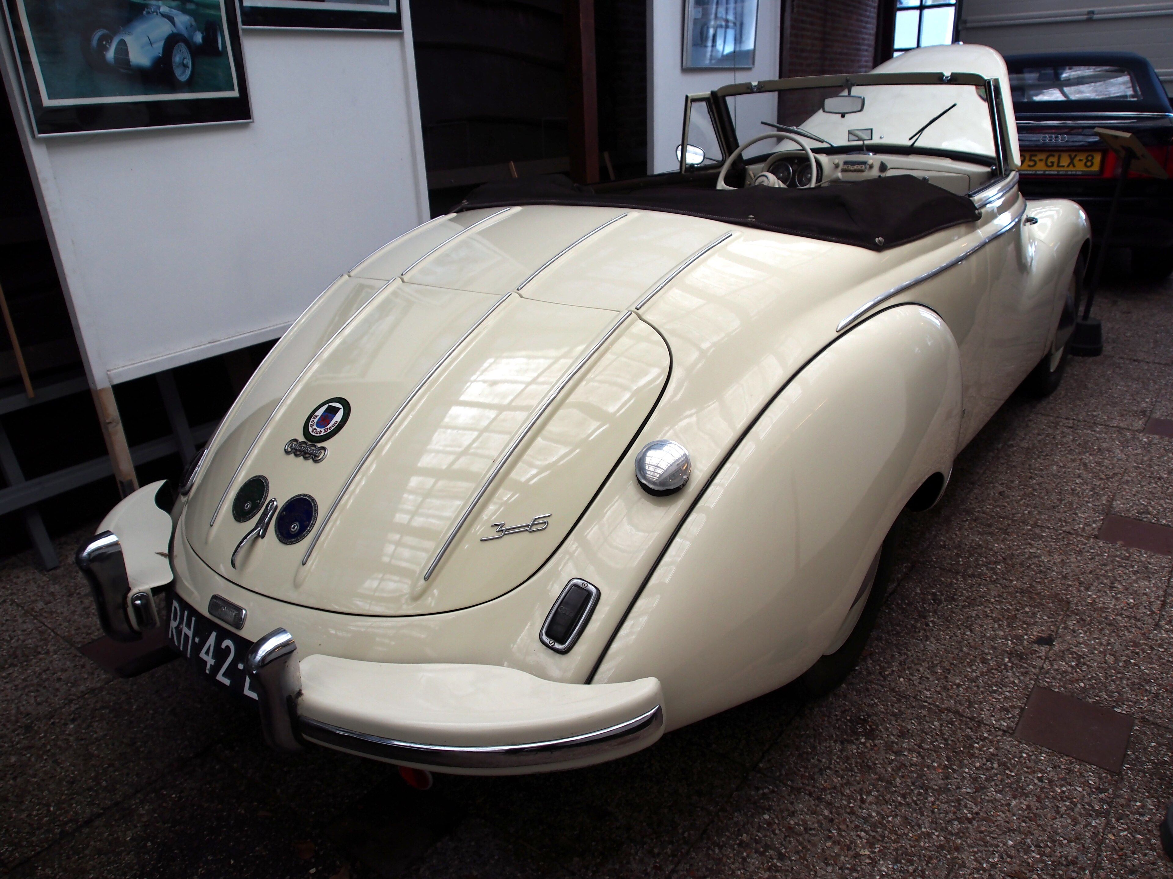 Cream 1954 DKW F91 Sonderklasse cabriolet by Karmann, rear three-quarter view