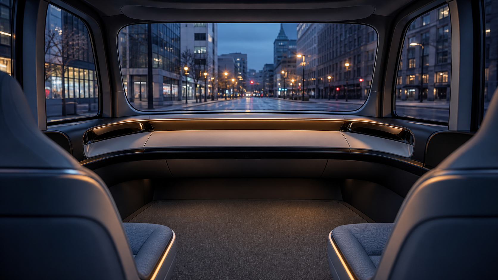 Unbranded purpose-built autonomous shuttle interior with passenger seats, an open front footwell, and no steering wheel or pedals