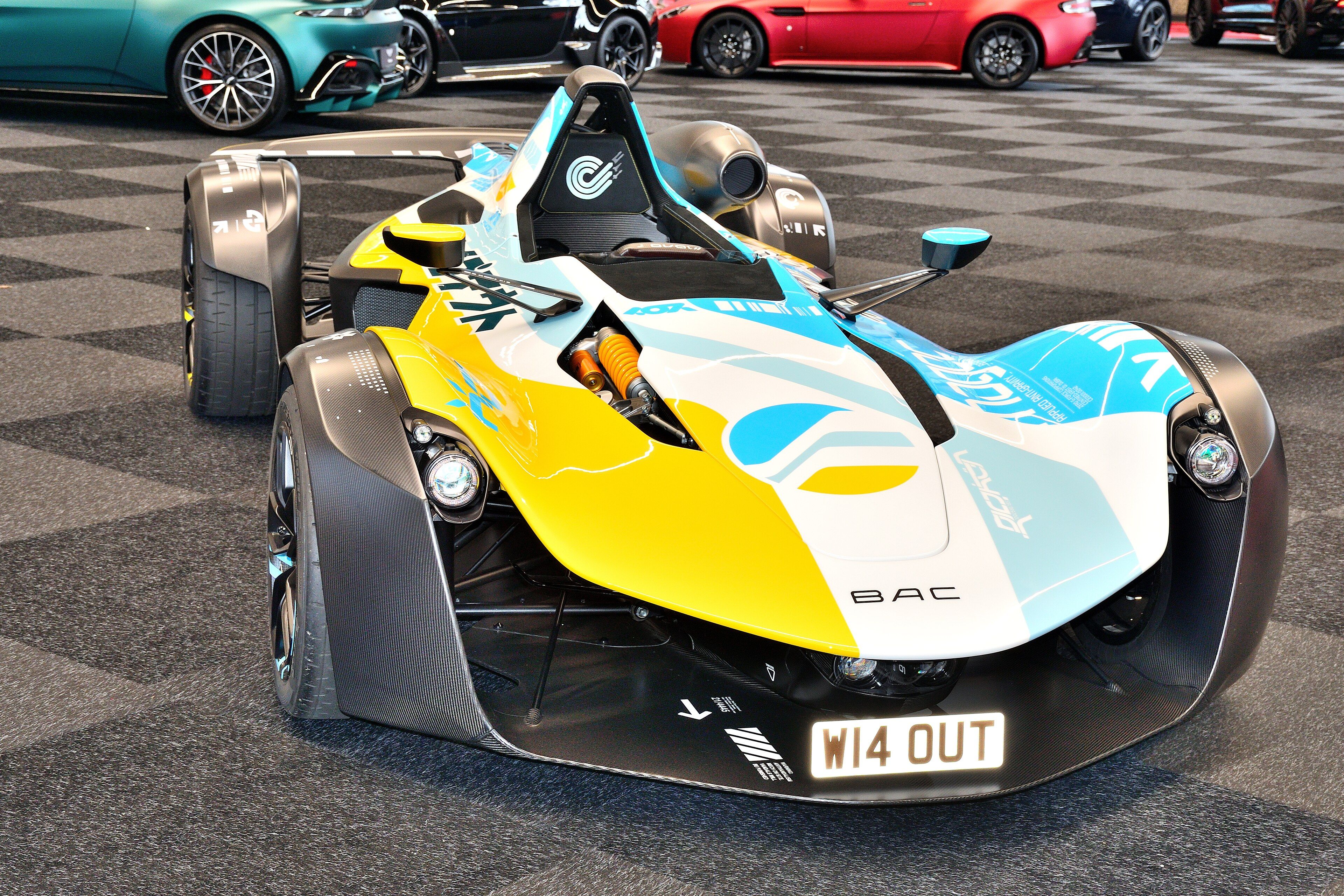 Second-generation BAC Mono on show stand, front three-quarter view