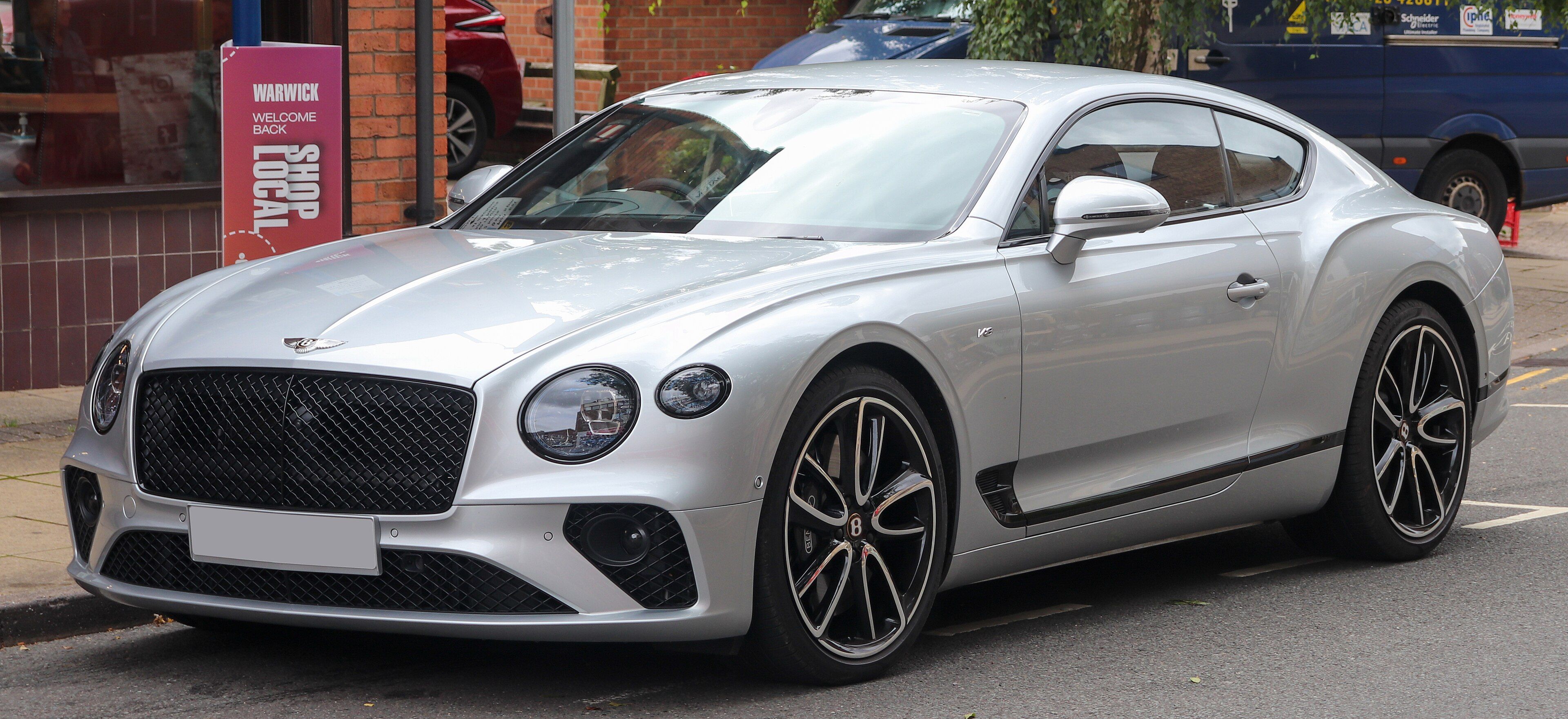 Silver 2019 Bentley Continental GT V8 coupe, front three-quarter view