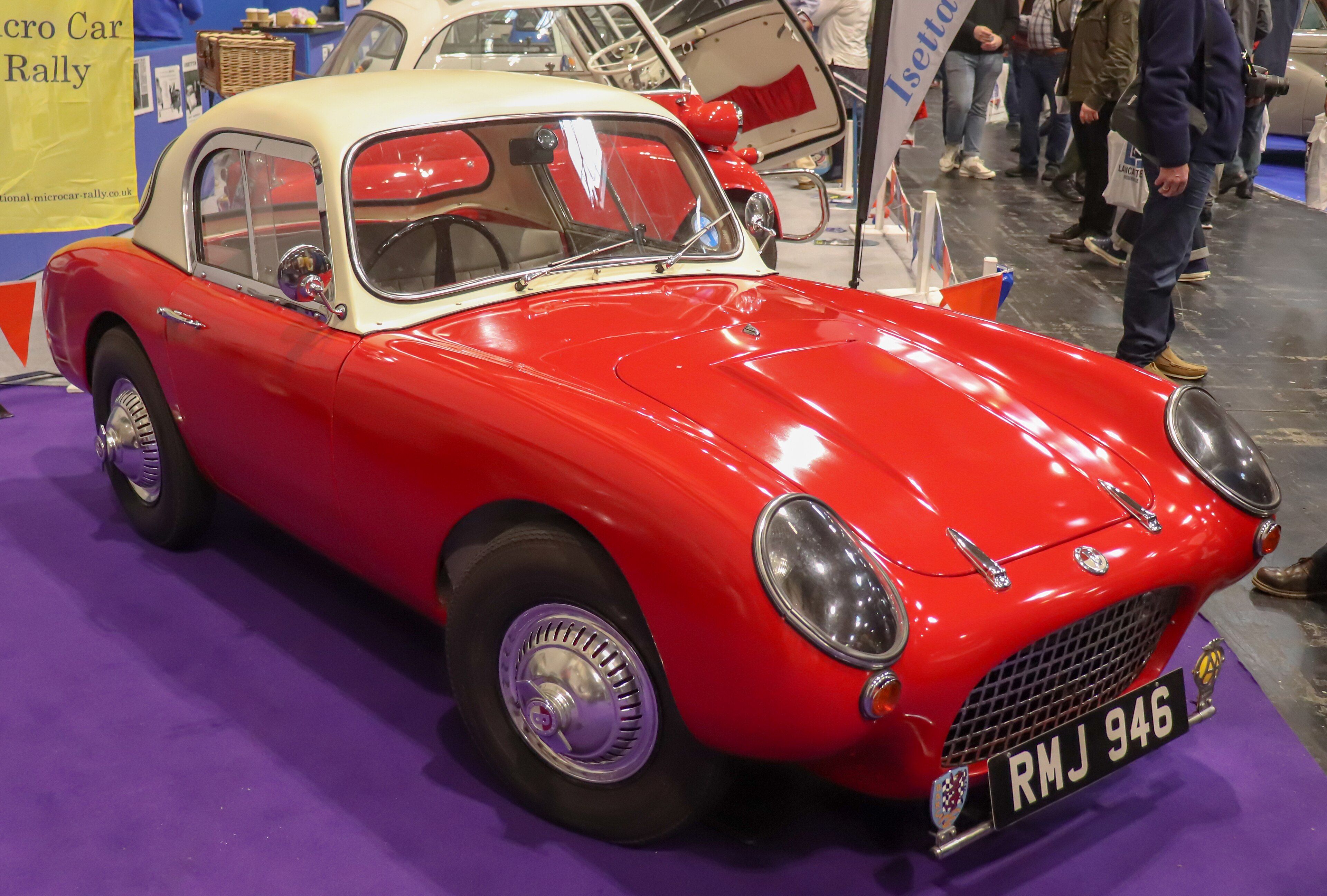 Red and cream 1959 Berkeley Sports SE328 with hardtop, front three-quarter view