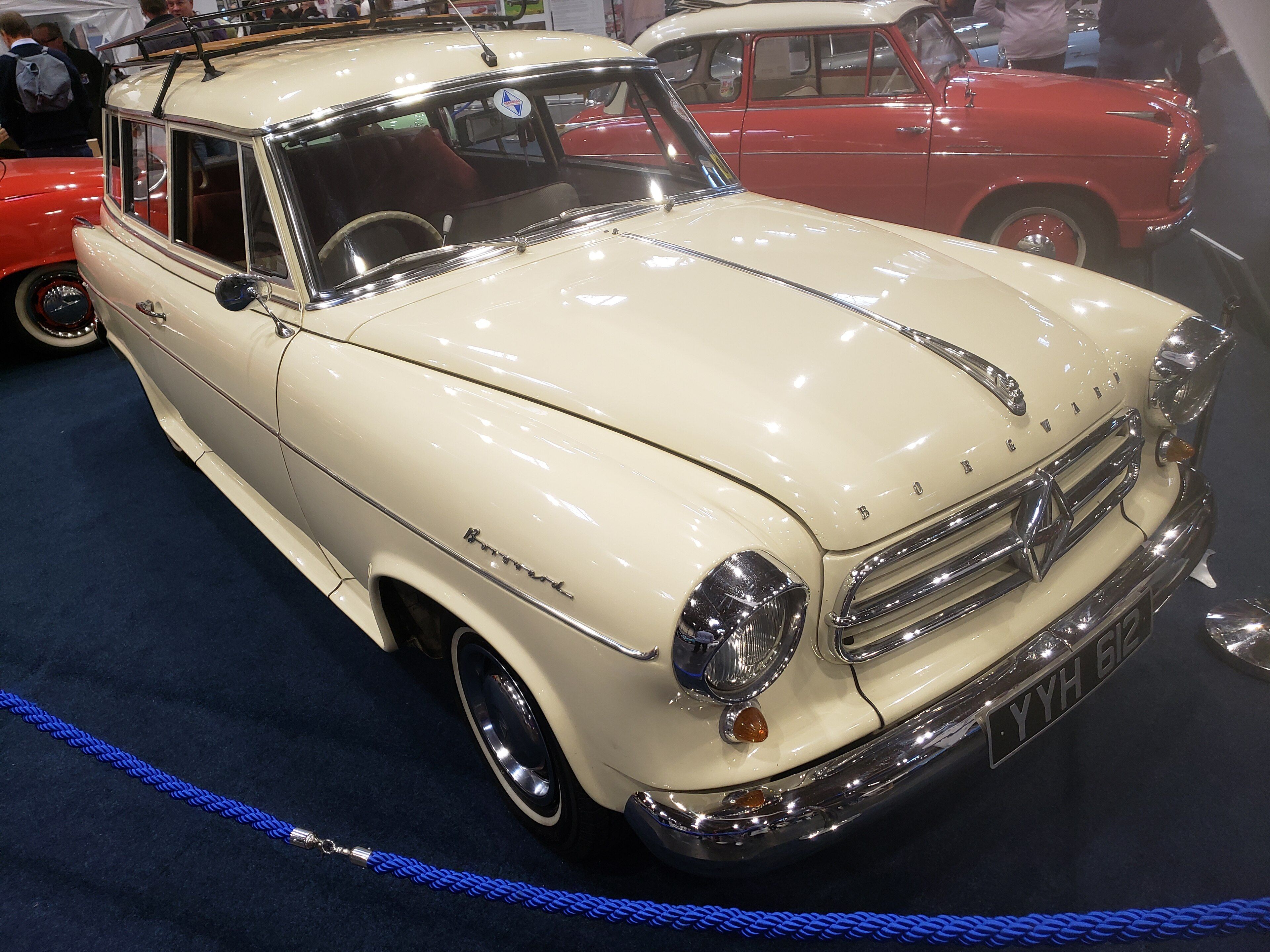 Cream 1960 Borgward Isabella Combi estate with roof rack, front three-quarter view