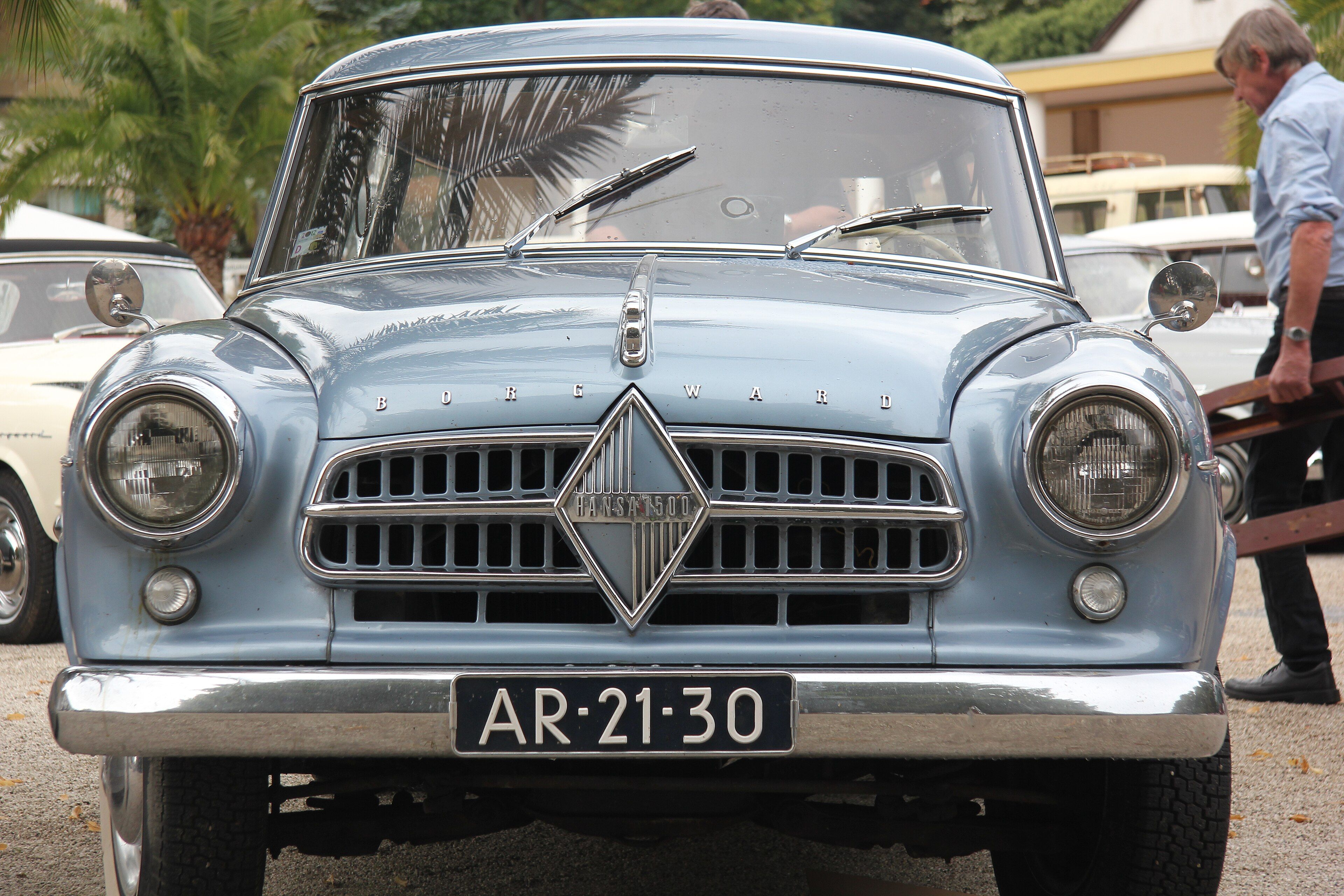 Light blue early Borgward Isabella estate, still wearing Hansa 1500 grille badge, front view