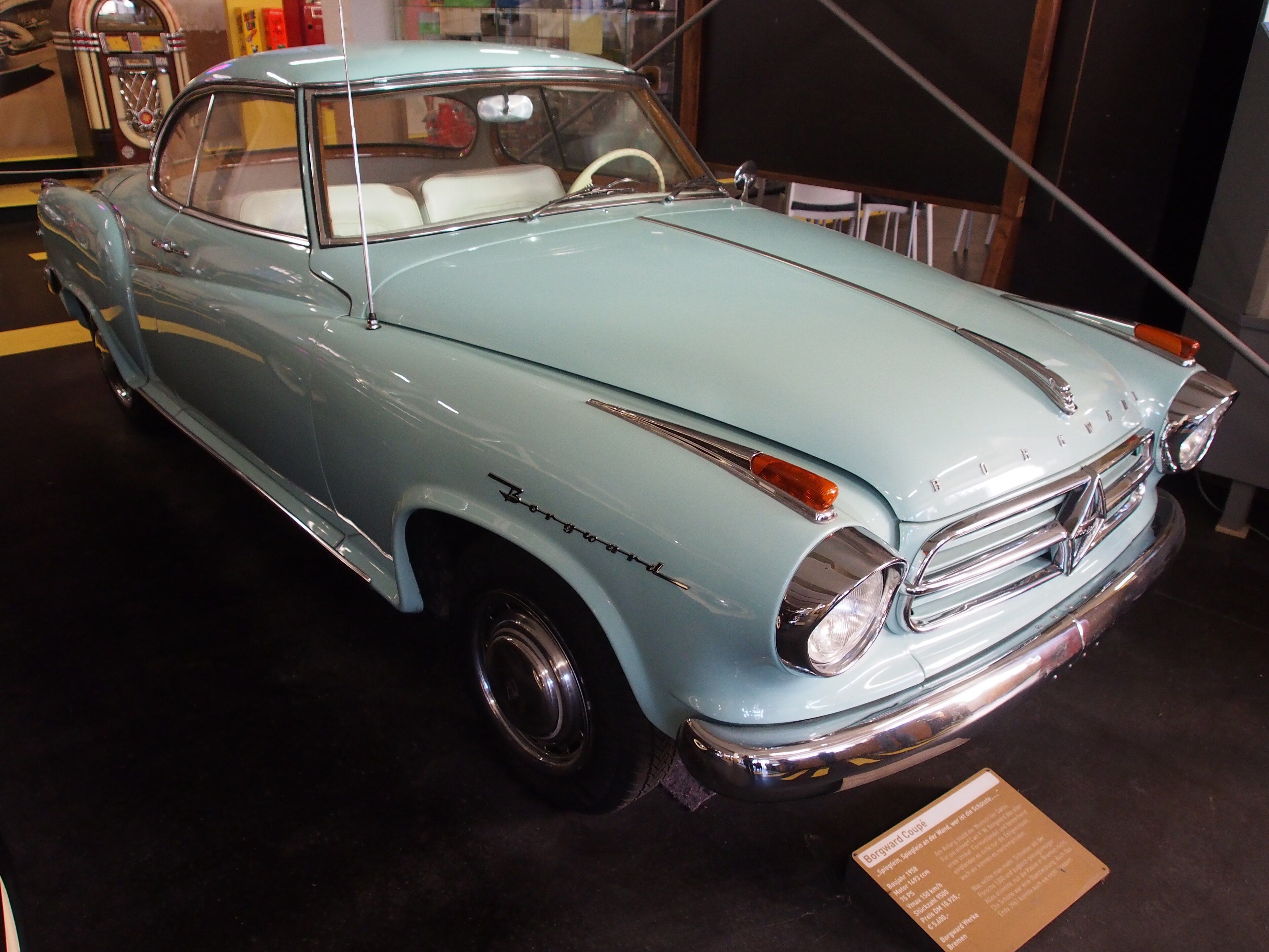 Light blue 1958 Borgward Isabella TS coupé, front three-quarter view