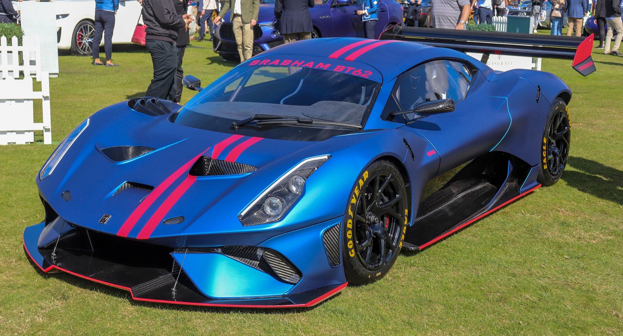 Blue Brabham BT62 track hypercar, front three-quarter view