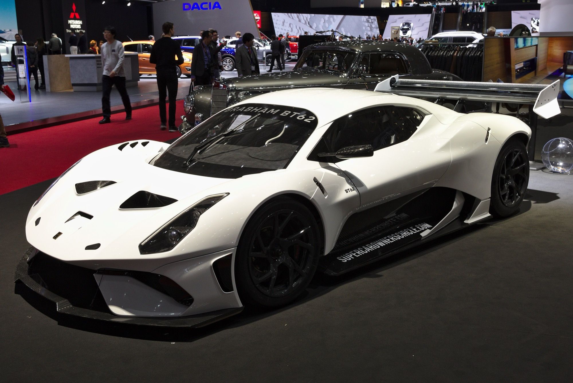 White Brabham BT62 on display at the 2019 Geneva Motor Show, front three-quarter view