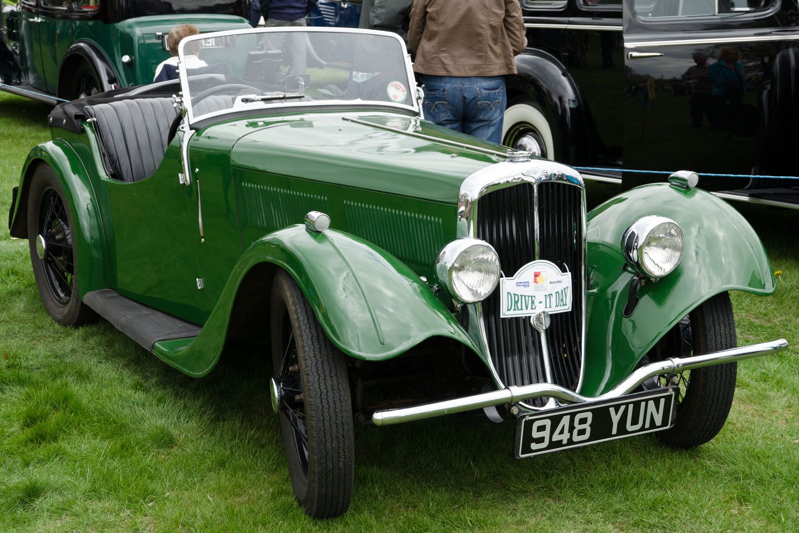 Green 1937 BSA Scout open two-seater, front three-quarter view