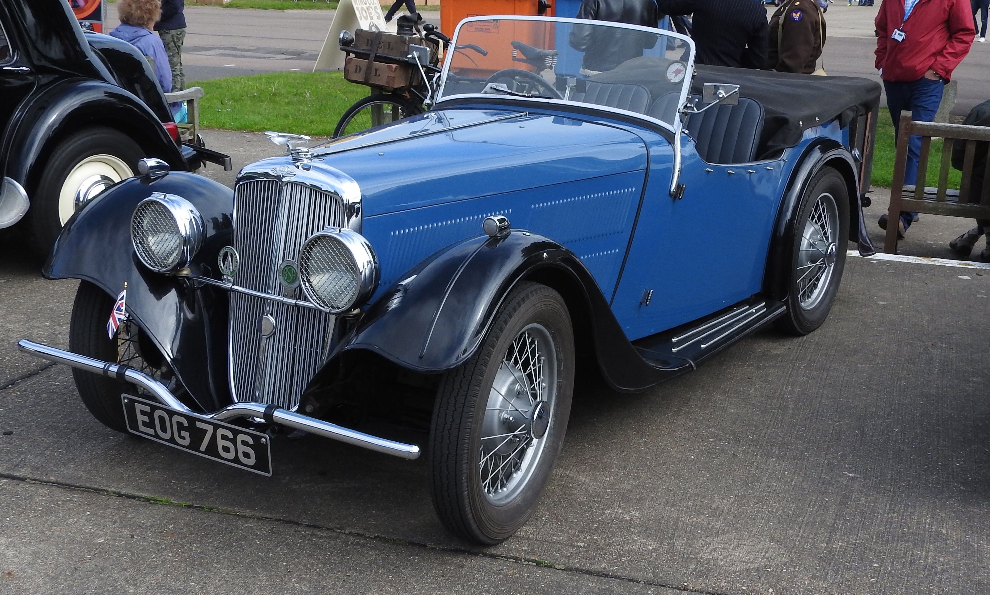 Blue 1938 BSA Scout Series 6 open two-seater, front three-quarter view