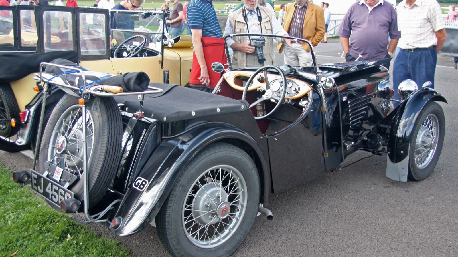 Black 1935 BSA Scout Series I open two-seater, rear three-quarter view