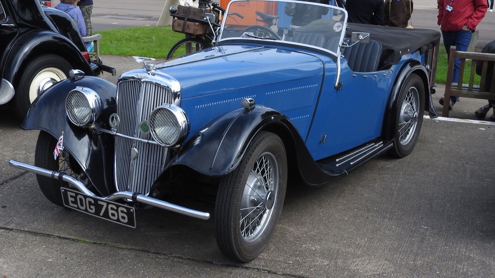 Blue 1938 BSA Scout Series 6 open two-seater, front three-quarter view