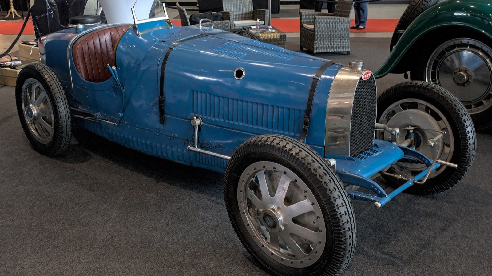 Blue 1929 Bugatti Type 35C two-seater racing car, front three-quarter view