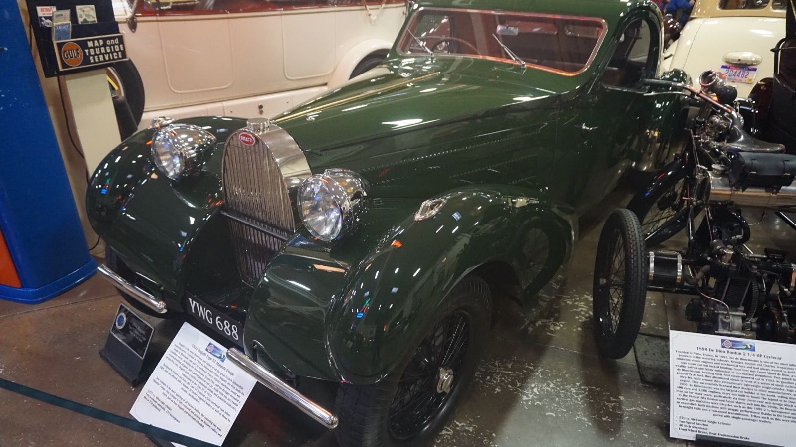 Green 1934 Bugatti Type 57 Atalante coupe, front three-quarter view