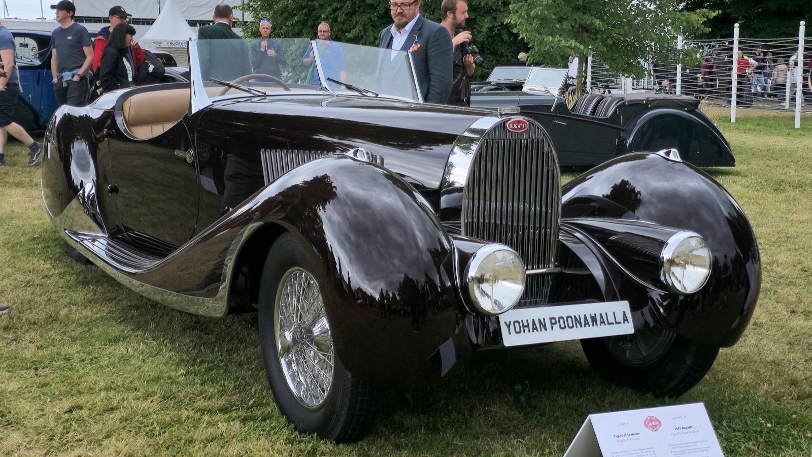 Maroon 1937 Bugatti Type 57C Figoni & Falaschi roadster, front three-quarter view