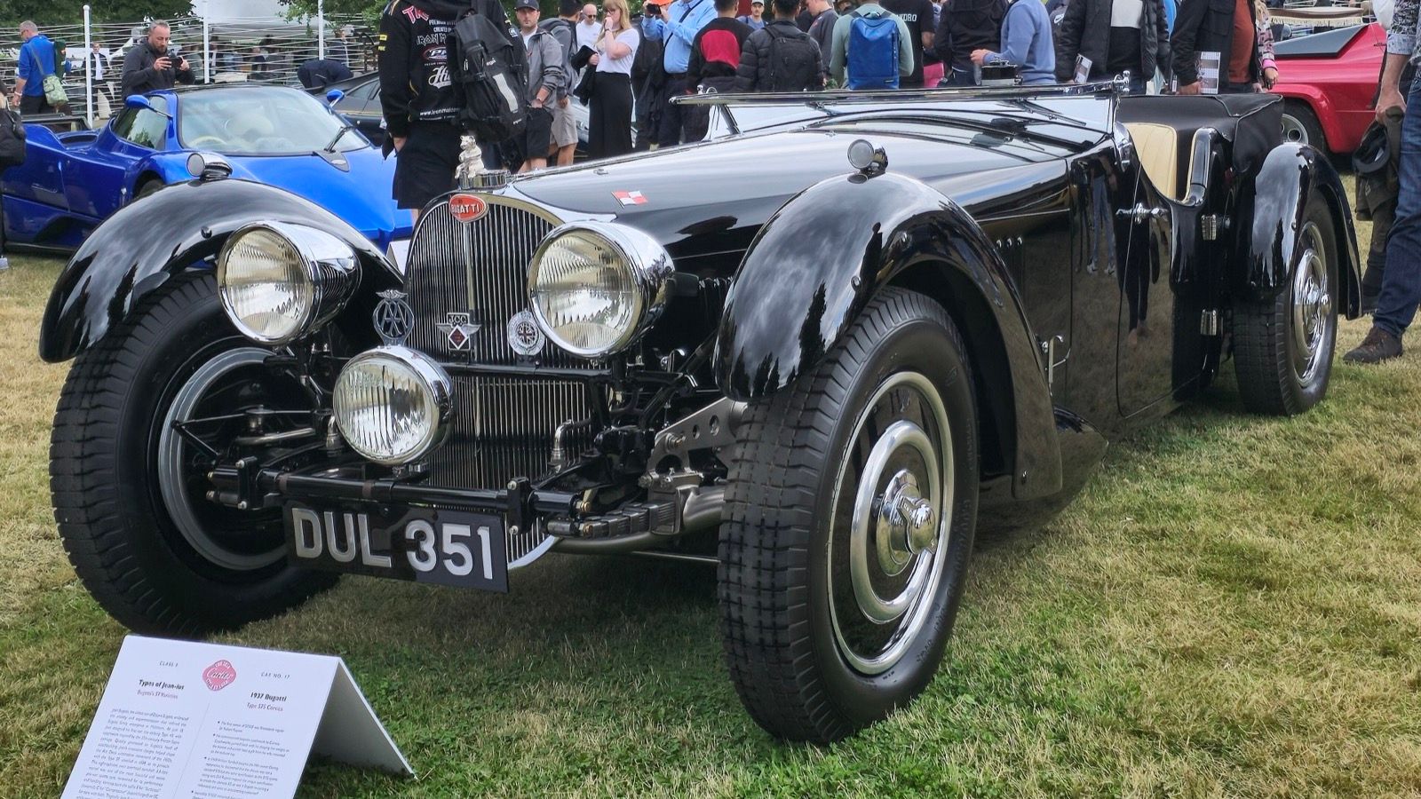 Black 1937 Bugatti Type 57S Corsica roadster, front three-quarter view