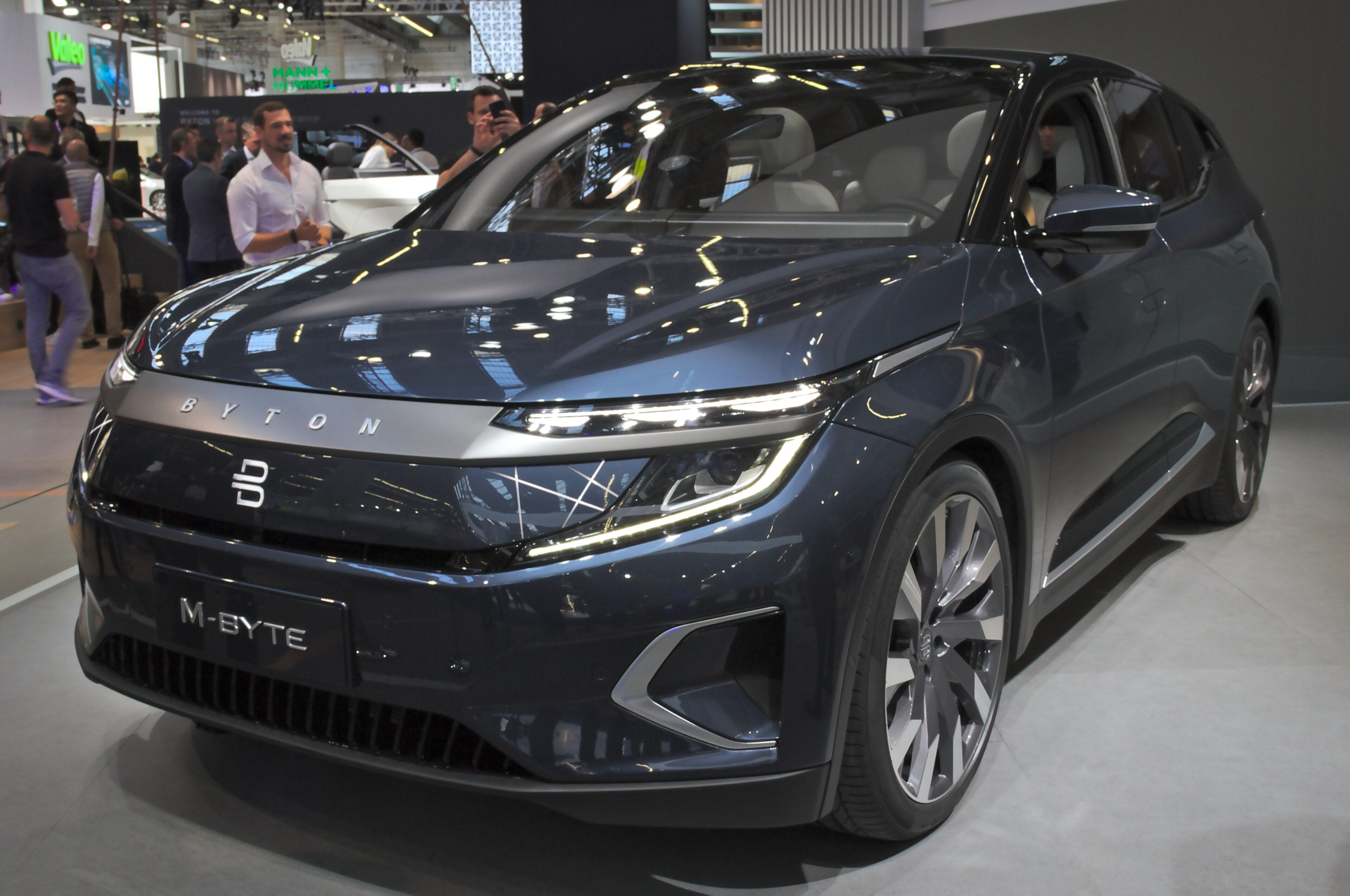 Dark blue Byton M-Byte electric SUV, front three-quarter view at the 2019 IAA Frankfurt motor show