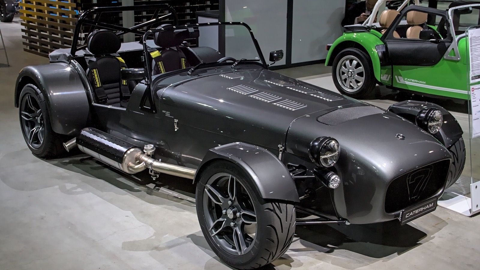 Grey Caterham Seven 485 wide-body roadster on the SV chassis, front three-quarter view