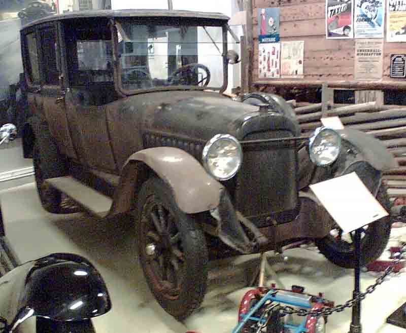 1917 Chalmers sedan, unrestored, front three-quarter view in a museum