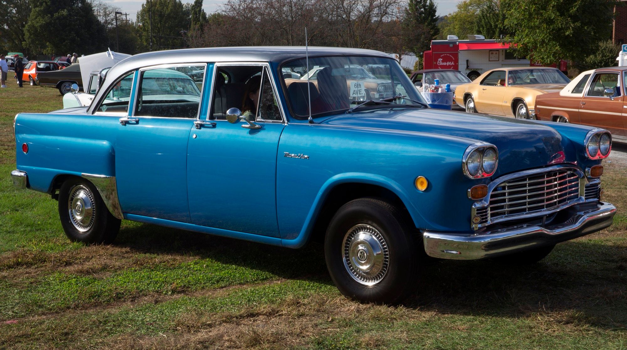 Blue 1972 Checker A12 Marathon four-door sedan, front three-quarter view