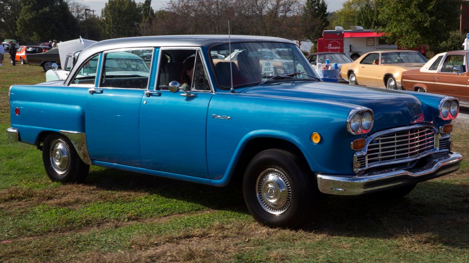 Blue 1972 Checker A12 Marathon four-door sedan, front three-quarter view