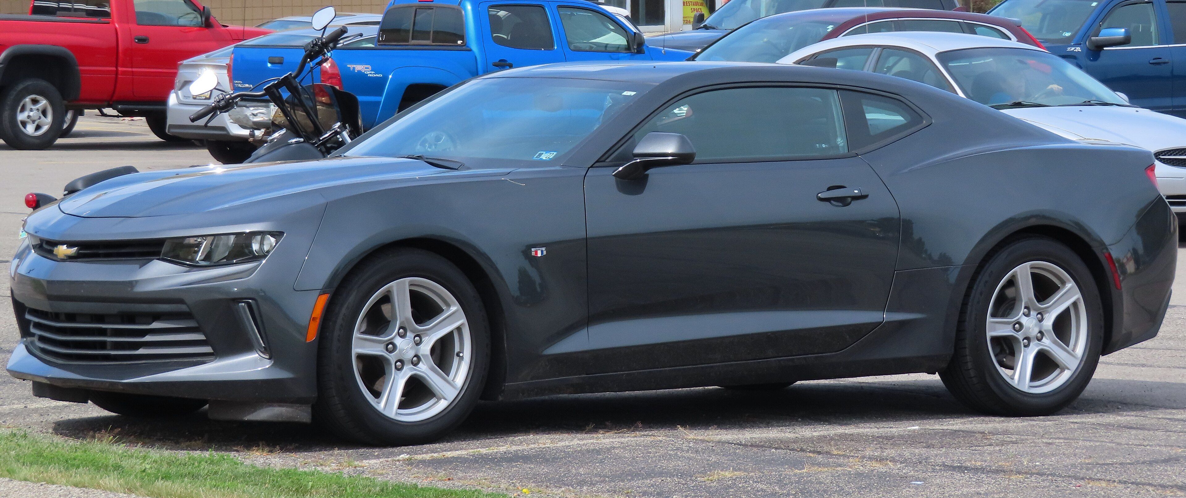 Dark grey 2017 Chevrolet Camaro LT coupe, front three-quarter view