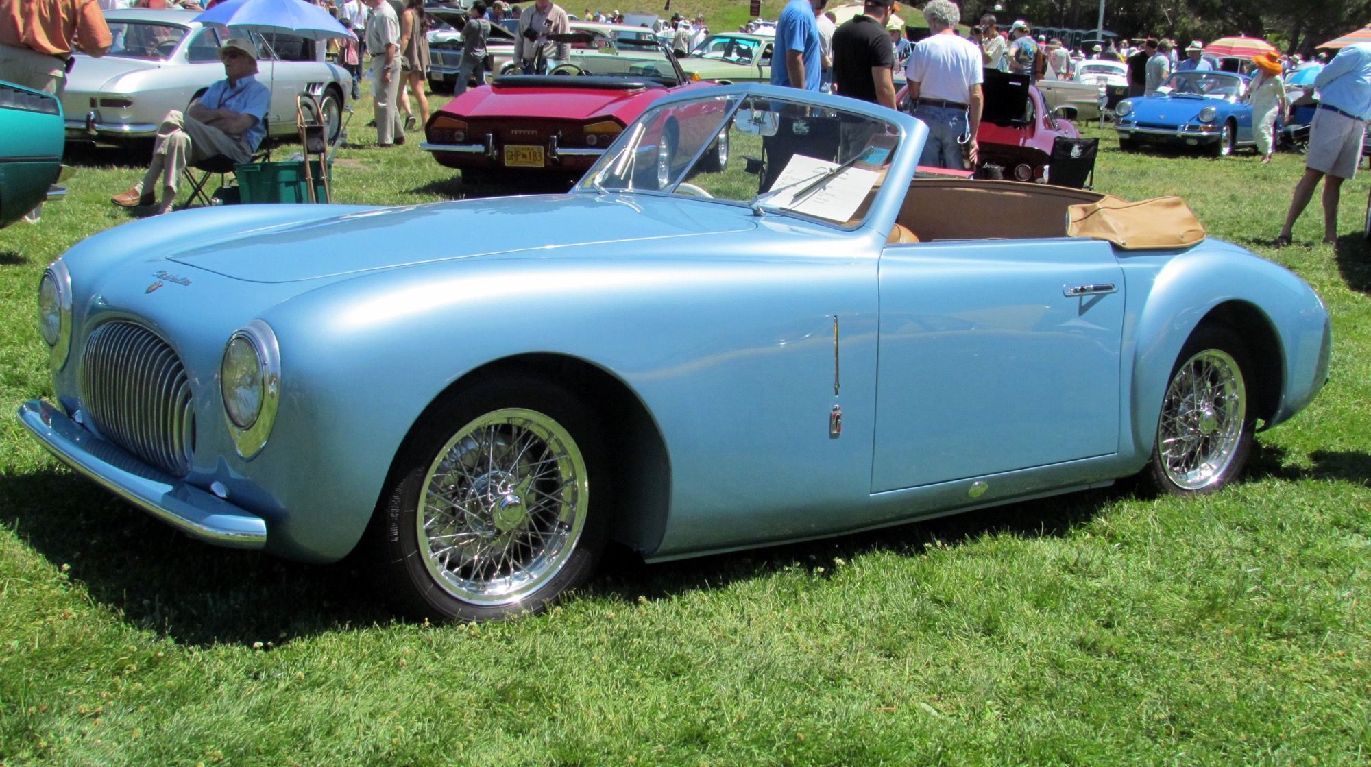 Light blue Cisitalia 202 cabriolet by Pinin Farina, front three-quarter view