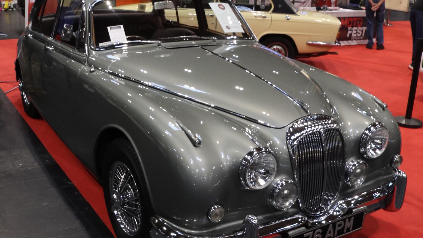 Grey 1967 Daimler 2.5 V8 saloon on show display, front three-quarter view