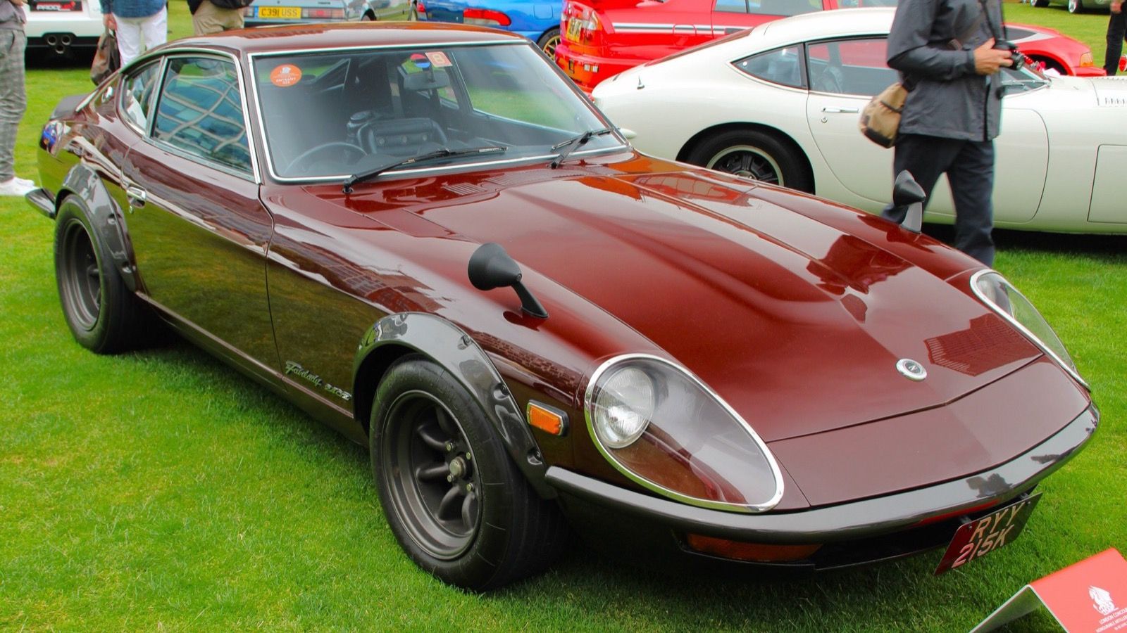 Maroon 1972 Datsun 240Z, front three-quarter view