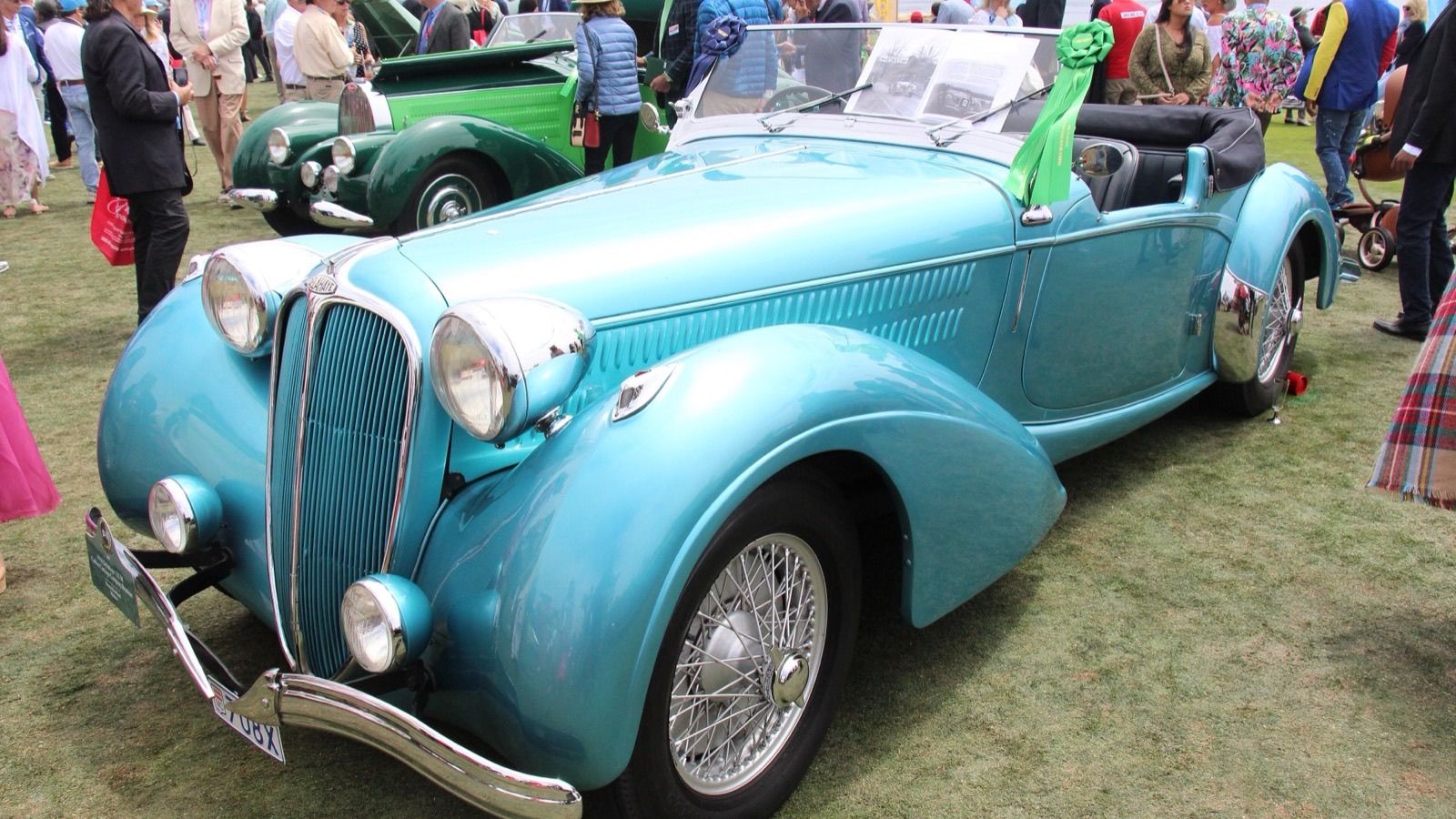 Turquoise 1938 Delahaye 135M Carlton roadster, front three-quarter view