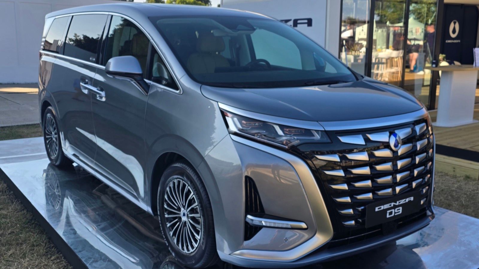 Grey Denza D9 premium minivan on display, front three-quarter view