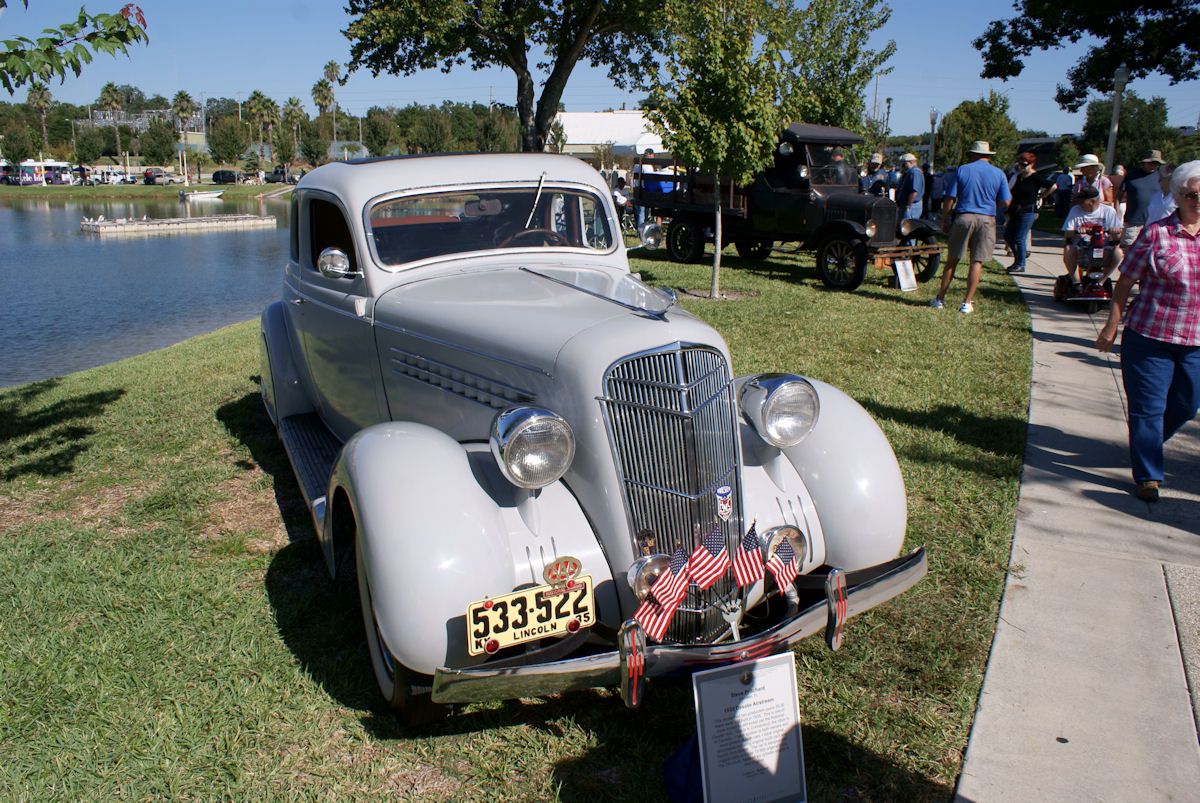 Grey 1935 DeSoto Airstream coupe, front three-quarter view