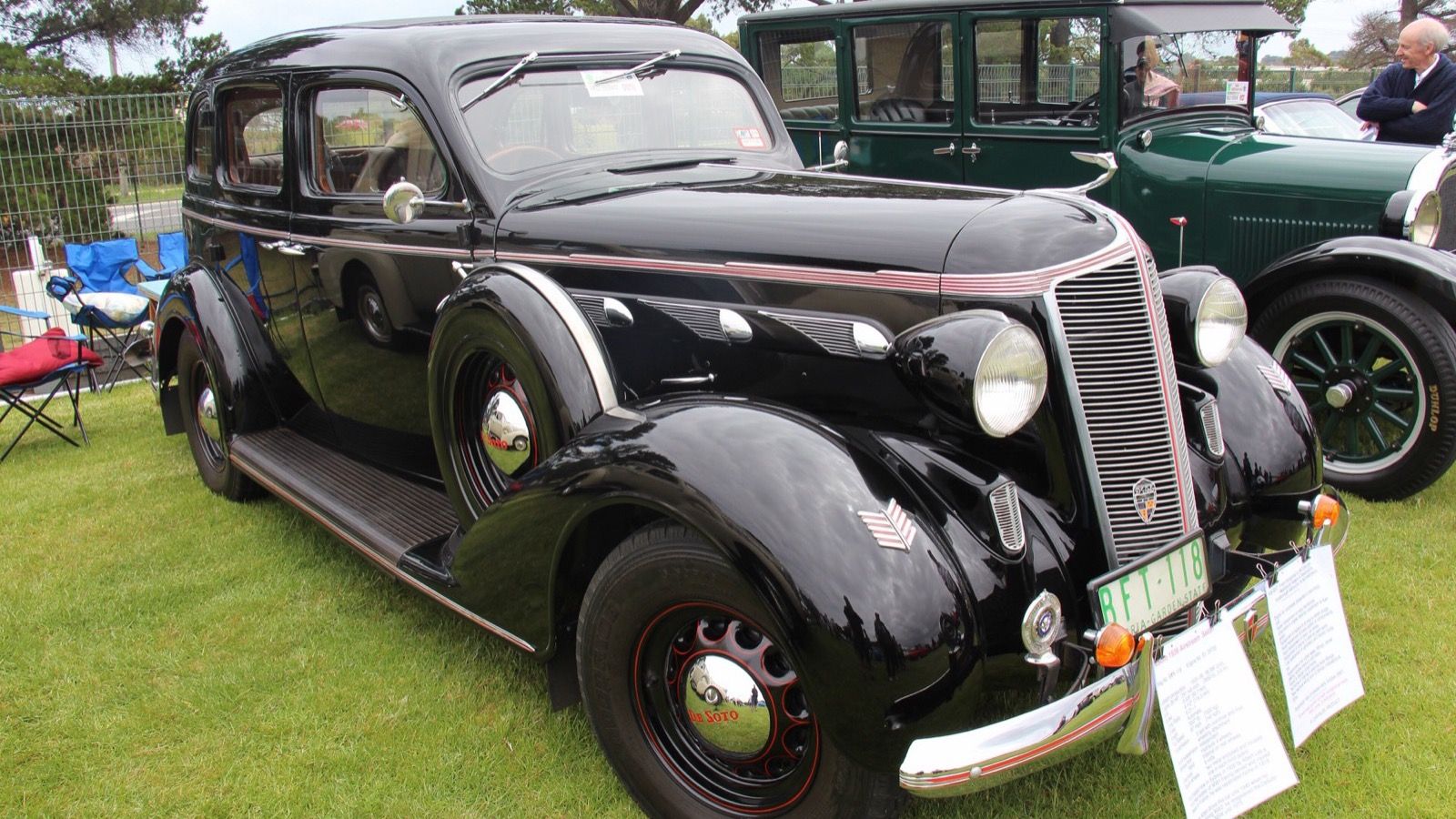 Black 1936 DeSoto Airstream sedan, front three-quarter view