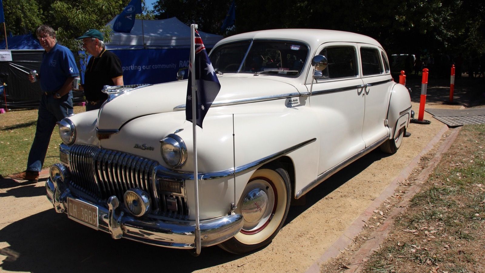White 1946 DeSoto Suburban long-wheelbase sedan, front three-quarter view