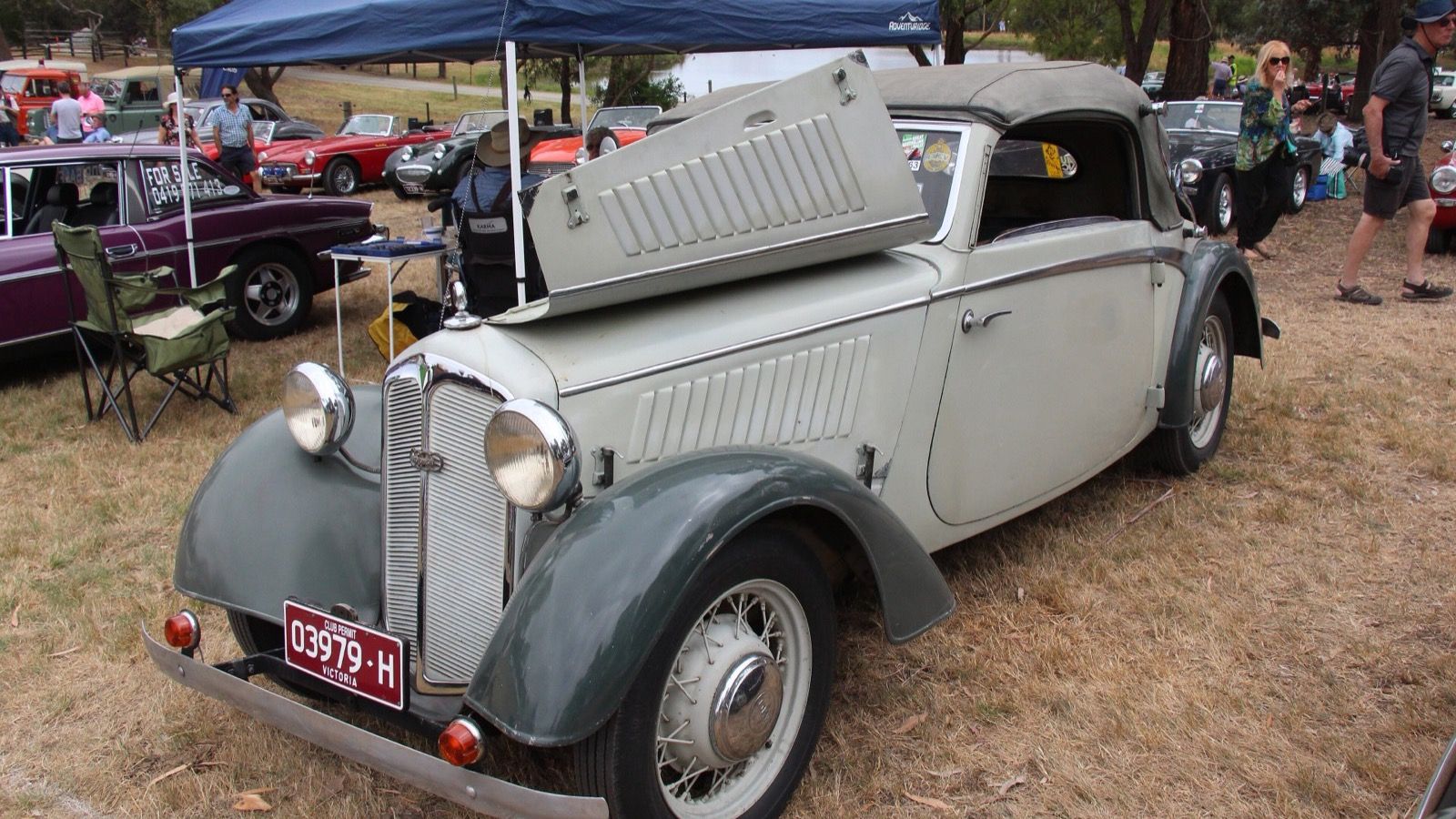 Grey and cream 1941 Auto Union DKW F8 Cabriolet at a car show, front three-quarter view