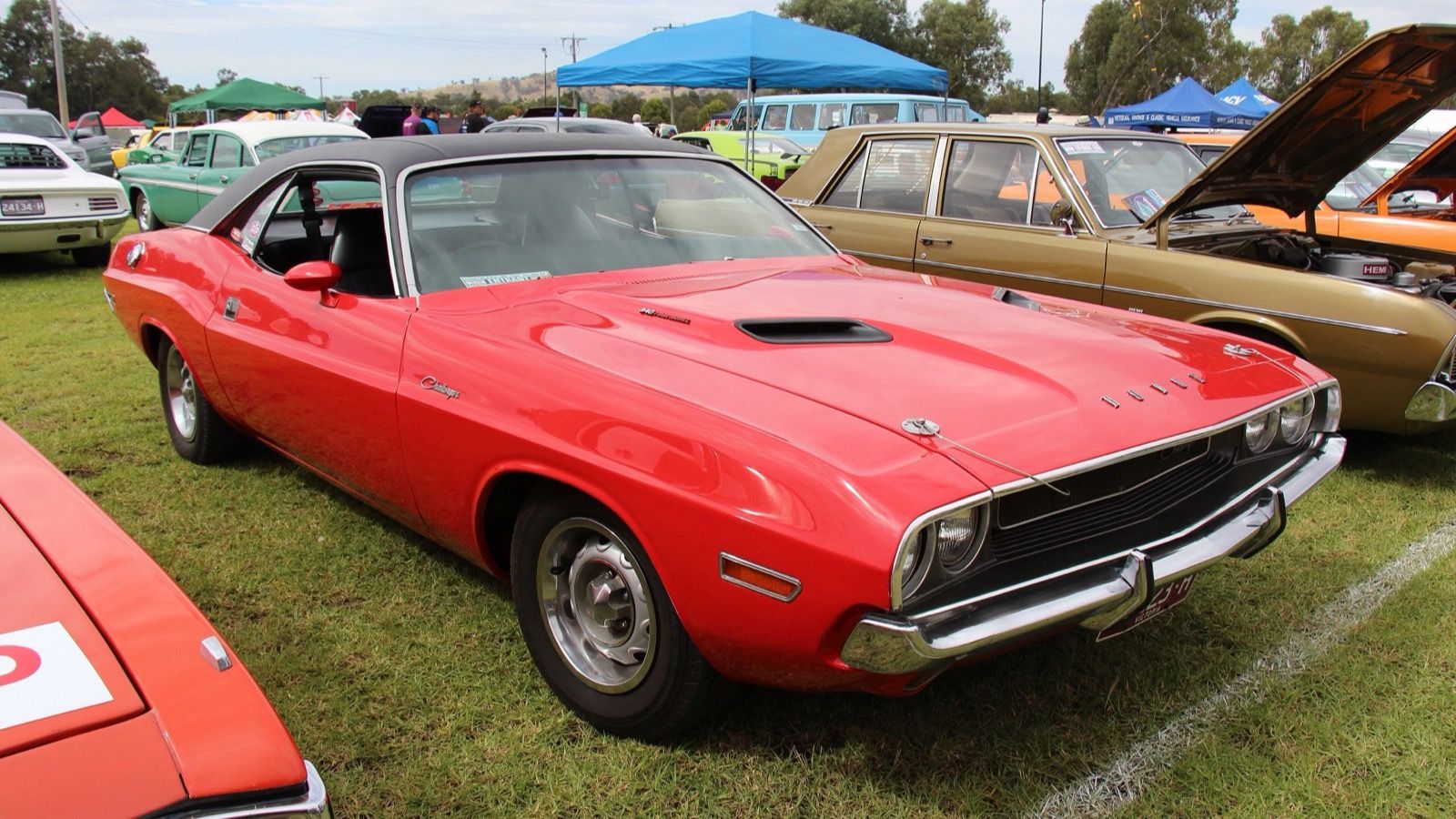 Red 1970 Dodge Challenger 340 hardtop, front three-quarter view