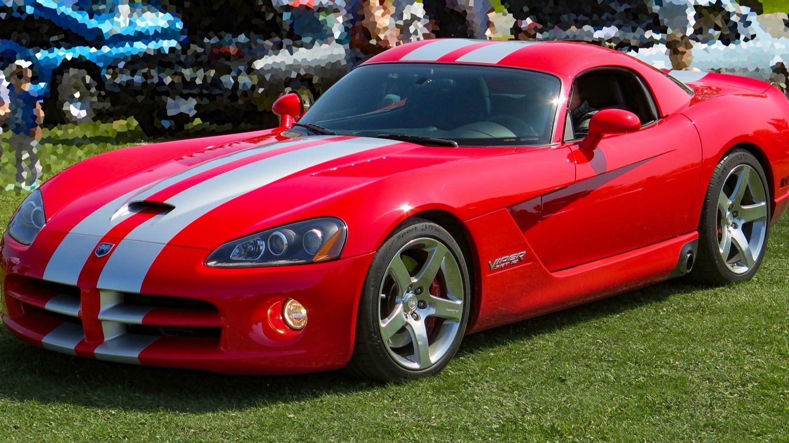 Red 2006 Dodge Viper SRT10 coupe with silver stripes, front three-quarter view