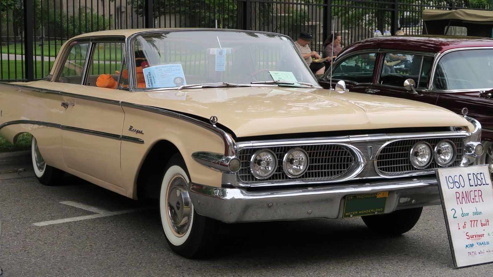 Sahara Beige 1960 Edsel Ranger two-door sedan, front three-quarter view showing the horizontal grille