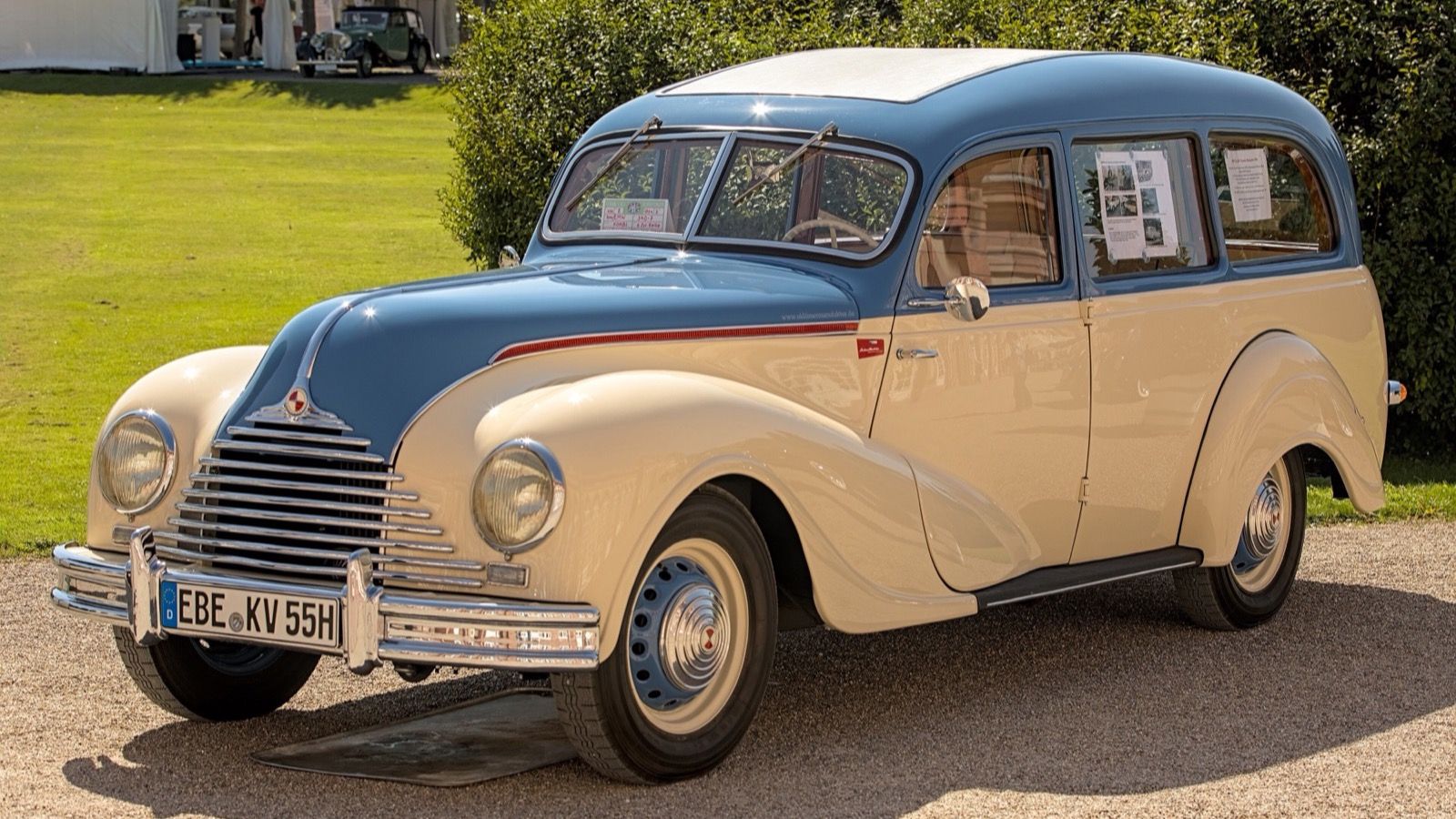 Blue and cream 1954 EMW 340-7 Kombi estate at a concours lawn, front three-quarter view
