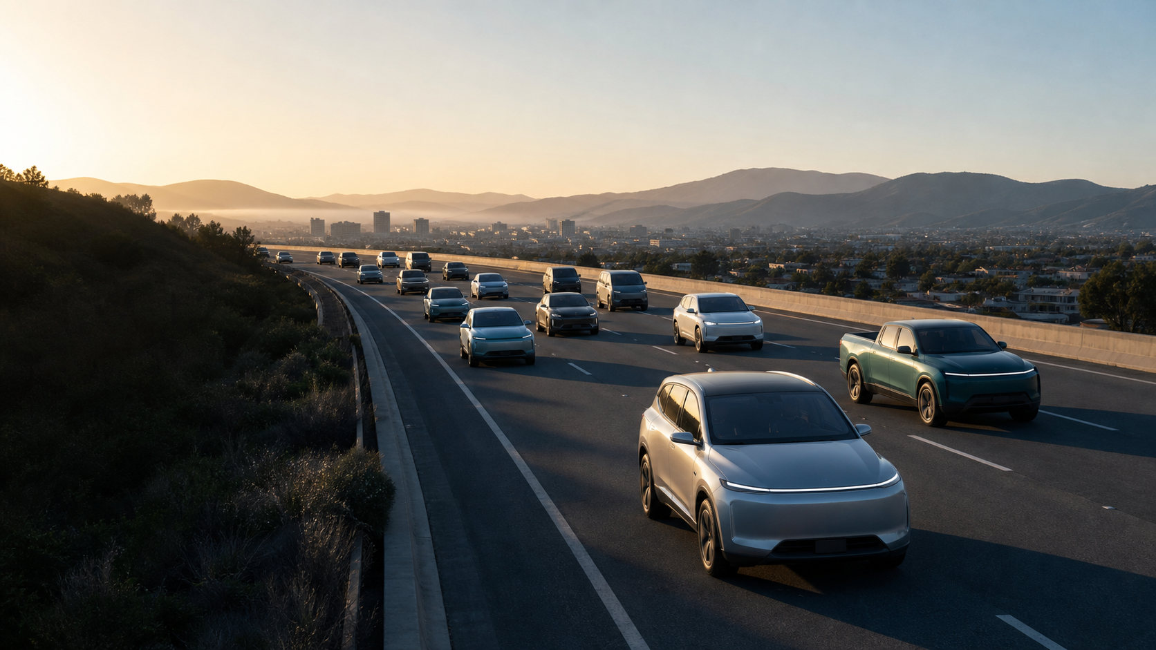 Fictional unbranded cars and pickup trucks traveling on an American highway at dawn