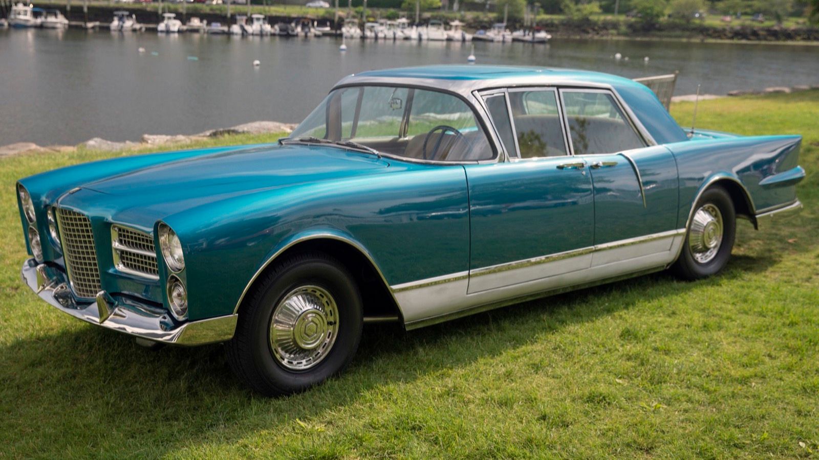 Turquoise and white 1961 Facel Vega Excellence EX1 four-door pillarless saloon, front three-quarter view