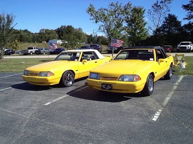 Two Canary Yellow 1993 Ford Mustang LX 5.0 Feature Edition convertibles with chrome Pony wheels