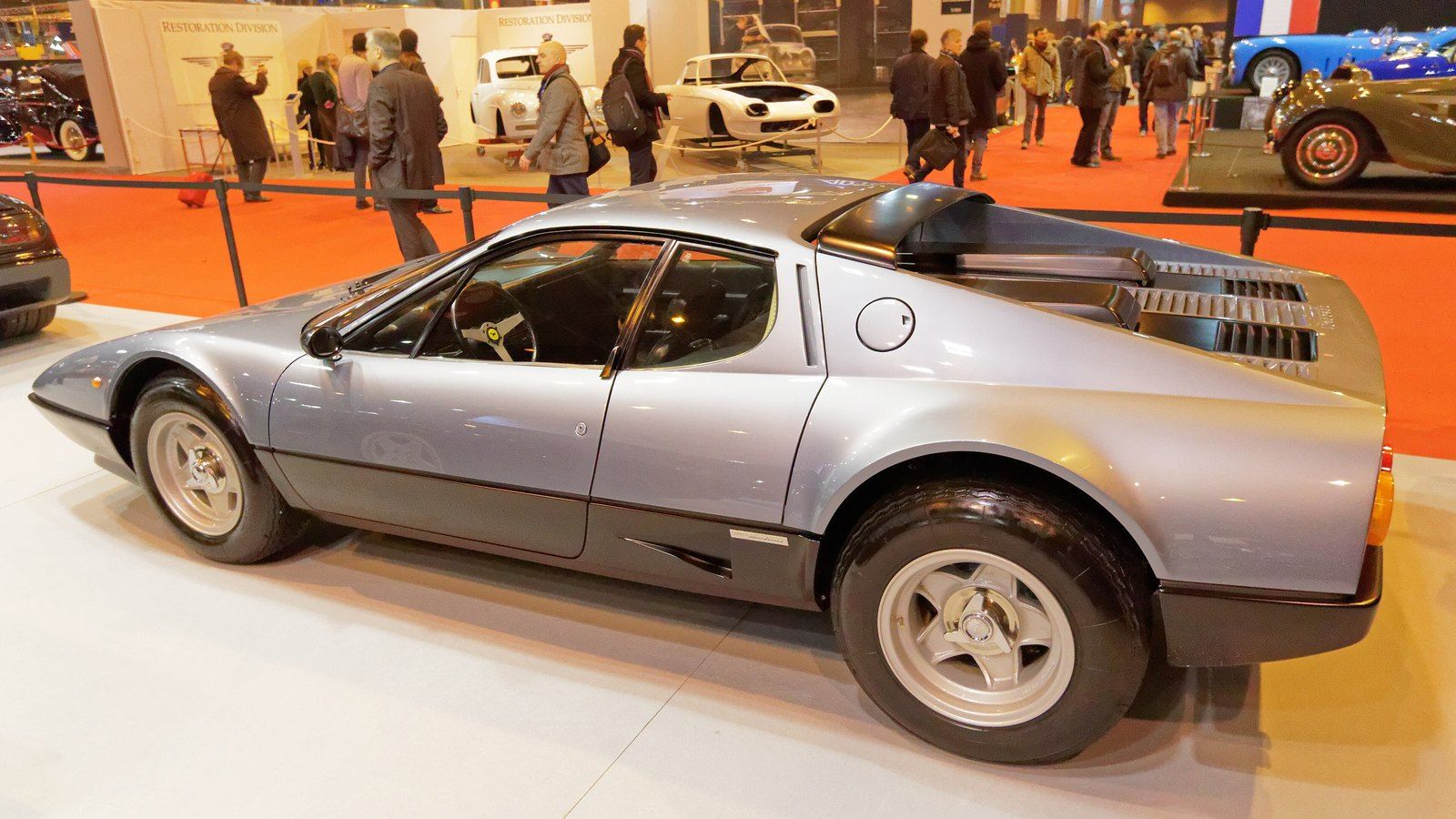 Silver 1977 Ferrari 512 BB by Pininfarina, front three-quarter view