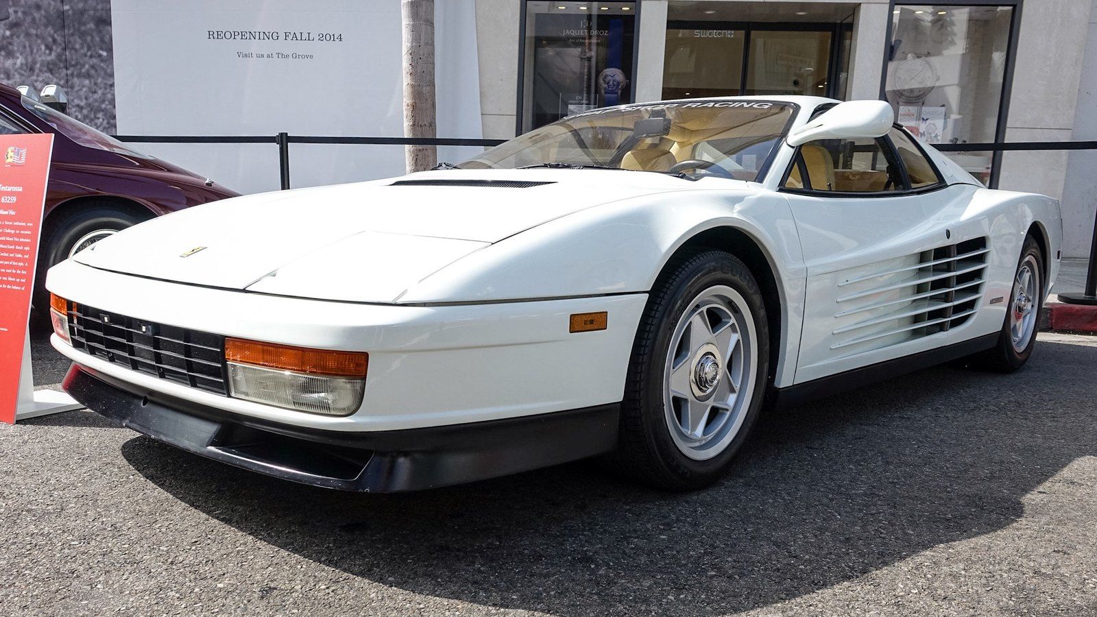 White Ferrari Testarossa in Miami Vice livery, front three-quarter view