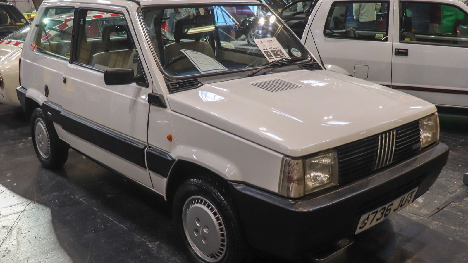 White 1991 Fiat Panda 1000 Super on indoor display, front three-quarter view
