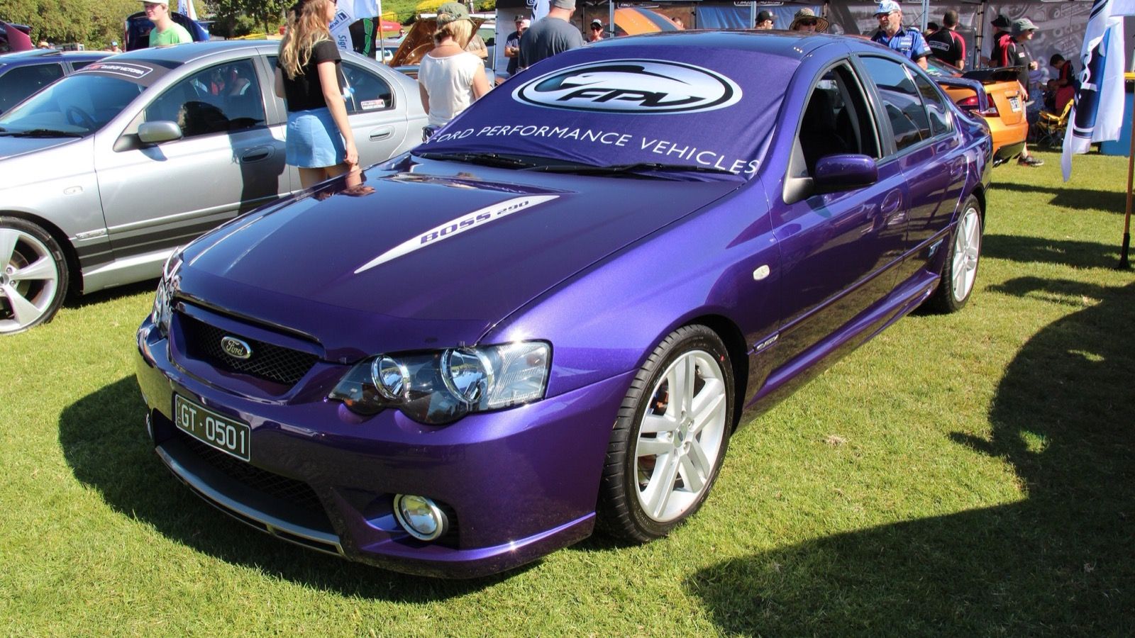 Purple 2004 FPV GT (BA Falcon) sedan with Boss 290 bonnet badging, front three-quarter view