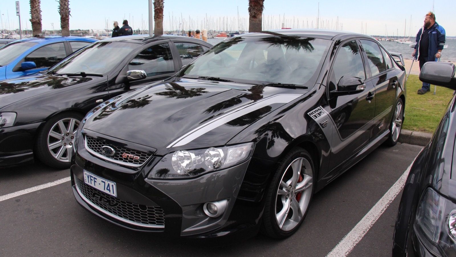 Black 2011 FPV GT-P (FG Falcon) sedan with Boss 335 badging, front three-quarter view
